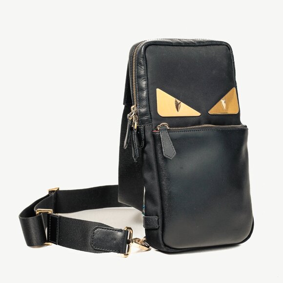 Fendi Monster Black Leather & Nylon Sling Bag - Picture 2 of 12